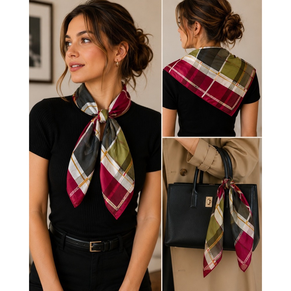 Vintage Silk Plaid Square Scarf Red Black Olive Geometric Sheer Neck Wrap‎